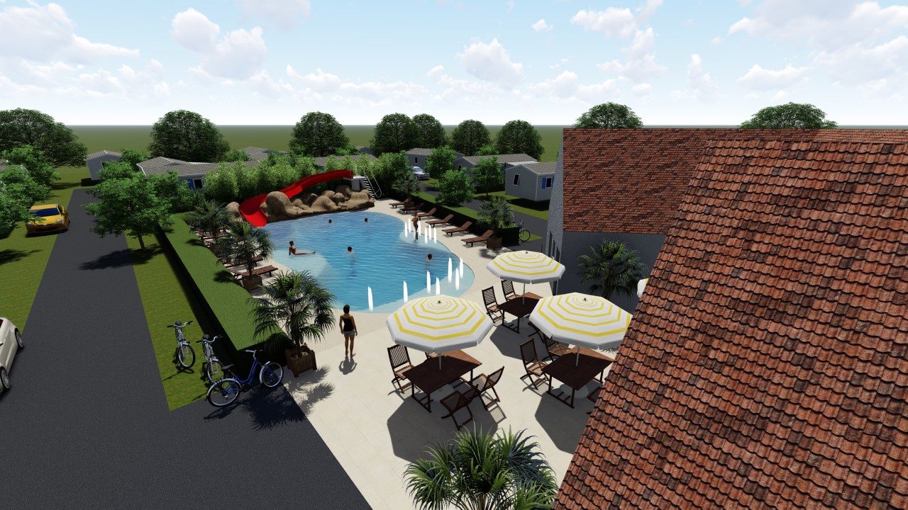 Vue en perspective du lagon avec plage, transats et parasols